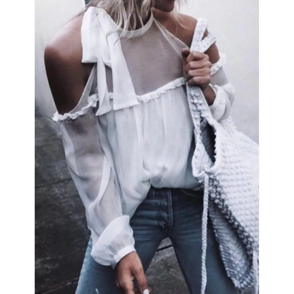 NWT We Have The Future Ribbon Tie Top White Cold Shoulder Sheer Yoke Blouse